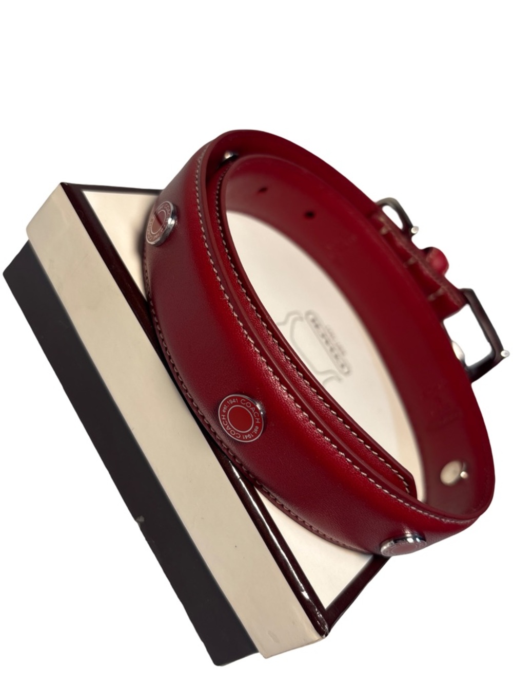 COACH Y2K Large Red Dog Collar  Leather with Silver Buckle New in box! - Picture 2 of 10
